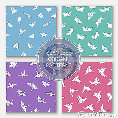 Set of vector colorful seamless origami patterns with beautiful paper figures. Bright creative backgrounds Vector Illustration