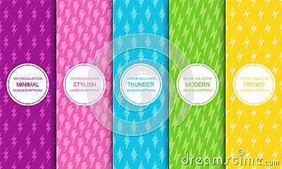 Set of vector colorful seamless patterns with flash lightning prints. Bright endless design. Vibrant repeatable Vector Illustration