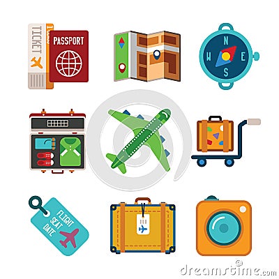 Set of vector colorful travel icons in flat style Vector Illustration