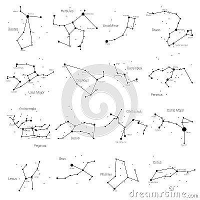 Set of vector constellations of the northern and southern hemispheres - Ursa Minor and Major, Pegasus, Cassiopea and Vector Illustration