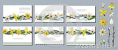 Set of vector creative floral business cards. Templates with daffodils, willow branches. Willow branches and flowers Vector Illustration