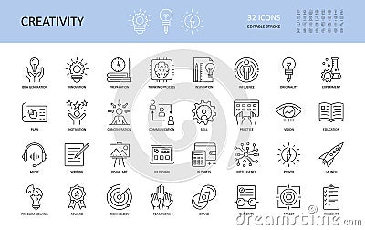 Set of vector creativity icons. Editable Stroke. Idea generation preparation inspiration influence originality, concentration Vector Illustration