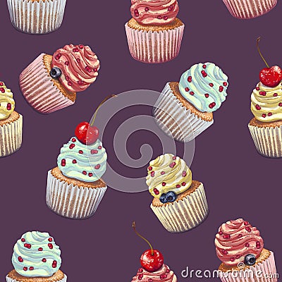 Set of vector cupcakes. A crumbly, gentle wet biscuit with a colorful soft cream cheese ,mint-flavored, with juicy fresh Vector Illustration