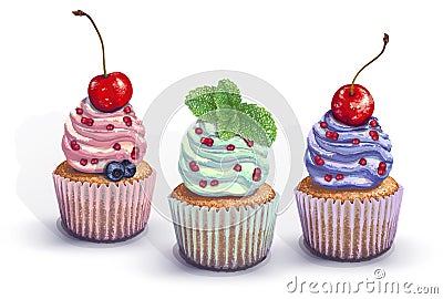 Set of vector cupcakes. A crumbly, gentle wet biscuit with a colorful soft cream cheese ,mint-flavored, with juicy fresh Vector Illustration