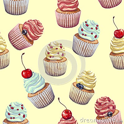 Set of vector cupcakes. A crumbly, gentle wet biscuit with a colorful soft cream cheese ,mint-flavored, with juicy fresh Vector Illustration