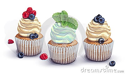 Set of vector cupcakes. A crumbly, gentle wet biscuit with a stunning soft air cream cheese ,mint-flavored, with juicy Vector Illustration