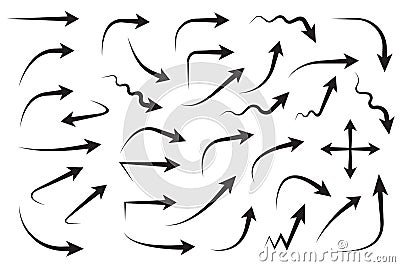 Set of vector curved arrows hand drawn. Collection of pointers. Cartoon Illustration