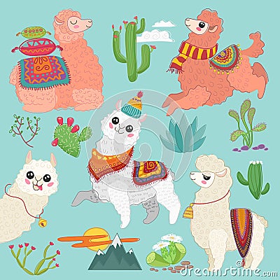 Set of vector cute vector alpaca lama and desert cactus elements. Vector Illustration