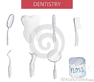 Set of vector dentistry instruments and oral care kit. Elegant simple illustrations of watercolor close-ups of tooth, floss, toot Vector Illustration
