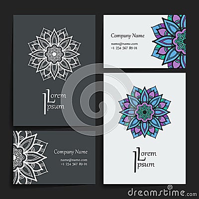 Set of vector design templates. Business card with floral circle ornament. Mandala style. Vector Illustration