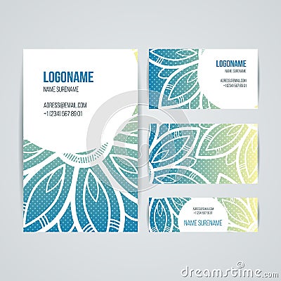 Set of vector design templates. Business card with floral circle ornament. Mandala style. Vector Illustration