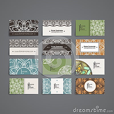 Set of vector design templates. Business card with floral circle ornament. Mandala style. Vector Illustration