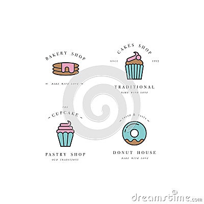 Set vector design templates and emblems - cupcake, donut and bake icon for bakery shop. Sweet shop. Vector Illustration