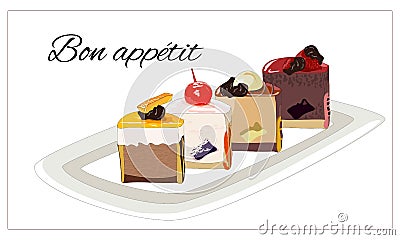 Set of vector desserts handing baking on a white background. Chocolate cakes with icing and fruit. For the design of gifts, cards Vector Illustration