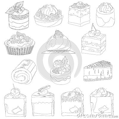 Set of vector desserts. Outline sweets on a white background. Sponge cake, cupcake, cupcake, cheesecake with jam and berries, Vector Illustration