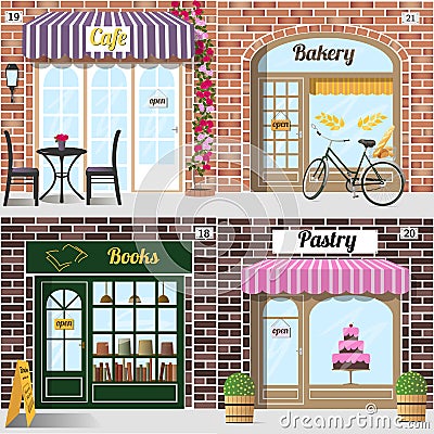 Set of vector detailed design bakery, cafe, bookshop and pastry shop. Vector Illustration