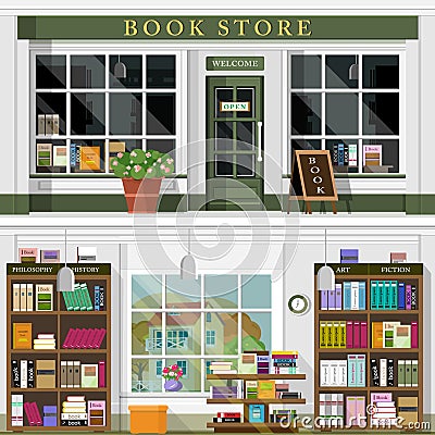 Set of vector detailed flat design bookstore facade and interior. Cool graphic interior design for book shop with books, bookcases Vector Illustration