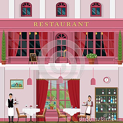 Set of vector detailed flat design restaurant facade and interior. Interior design for restaurant with tables, chairs Vector Illustration