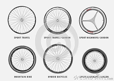 Set of vector different types of bicycle wheels Vector Illustration