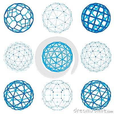 Set of vector dimensional wireframe low poly objects, spherical Vector Illustration