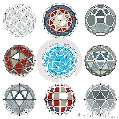 Set of vector dimensional wireframe low poly objects, spherical Vector Illustration