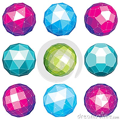 Set of vector dimensional wireframe low poly objects, spherical Vector Illustration