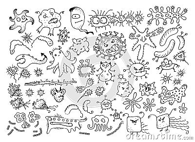 Set of Vector Doodle Bacteria Germs or Cartoon Monsters. Hand Drawn Viruses Collection Isolated Vector Illustration