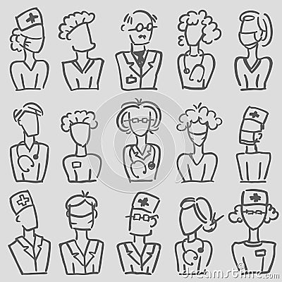 A set of vector doodle medical avatar team: therapist, doctor, surgeon, nurse Vector Illustration