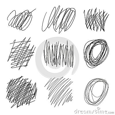 Set of vector drawn tangles, lines, circles, ellipses Doodle sketch. Black line abstract scribble shape. Vector. Vector Illustration