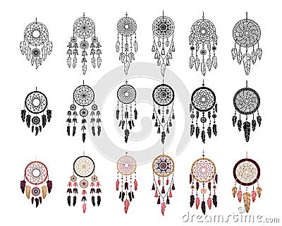 Set of vector dreamcathers in boho style. Mystical interiors. Three styles: line art, simple style and flat Vector Illustration