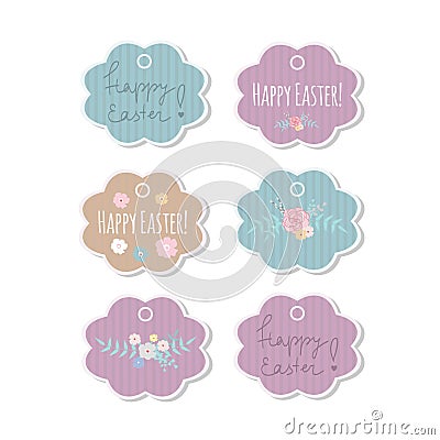 Set of 6 vector Easter flower shaped gift tags with greetings and floral wreathes Stock Photo