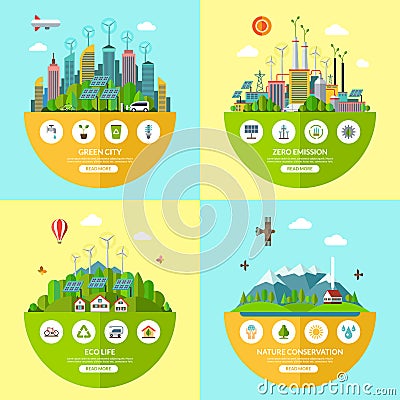 Set of vector ecology illustrations in flat style Vector Illustration