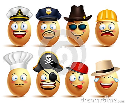 Set of vector egg faces of professionals with caps in emotions Vector Illustration