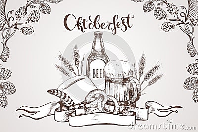 A set of vector elements on the theme of Oktoberfest. Oktoberfest. Beer festival. Vector Illustration