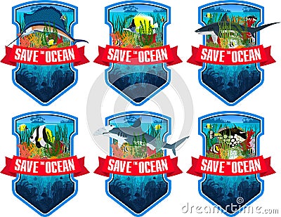 Set of Vector emblems with coral reef, colorful tropical fishs, swordfish and sharks Vector Illustration