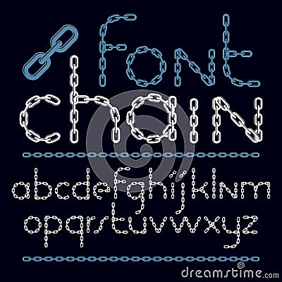 Set of vector English alphabet letters isolated. Lower case decorative font created using chrome chain, linkage. Vector Illustration
