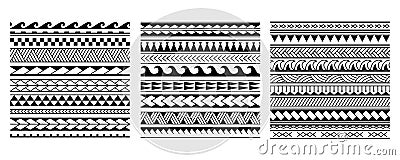 Set of vector ethnic seamless pattern in maori tattoo style. Geometric border with decorative ethnic elements. Horizontal pattern. Vector Illustration