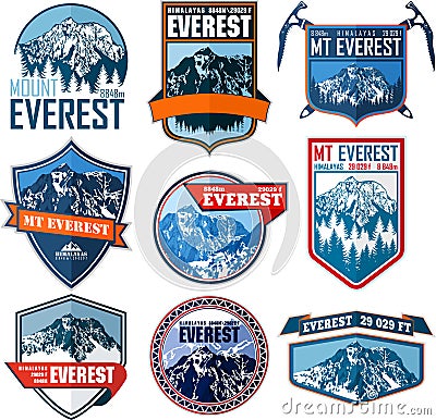 Set of Vector Everest mountain logo. Emblem with highest peack in world. Mountaineering label Vector Illustration