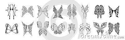 Set of vector fantasy transparent wings isolated on white background. Outline doodle style design. Hand drawn vector illustrations Vector Illustration