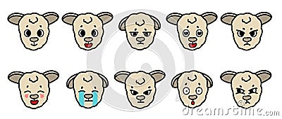 Set of vector farm isolated muzzle sheep animal with different emotion. Happy sad cry angry upset, in love, fascinated, confused Vector Illustration