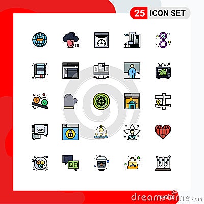Set of 25 Vector Filled line Flat Colors on Grid for bathroom, real, protection, building, web speed checking Vector Illustration
