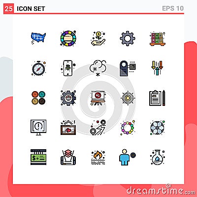 Set of 25 Vector Filled line Flat Colors on Grid for clock, files, hand, archive, setting Vector Illustration