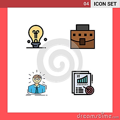 Pack of 4 Modern Filledline Flat Colors Signs and Symbols for Web Print Media such as bulb, doctor, user, office, business man Vector Illustration