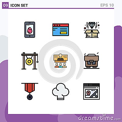 Set of 9 Vector Filledline Flat Colors on Grid for conference, music, box, instrument, audio Vector Illustration