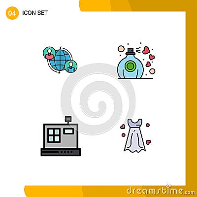 Set of 4 Vector Filledline Flat Colors on Grid for connected, cashbox, internet, love, e Vector Illustration