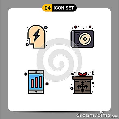 Set of 4 Vector Filledline Flat Colors on Grid for head, cell, power, music, present Vector Illustration