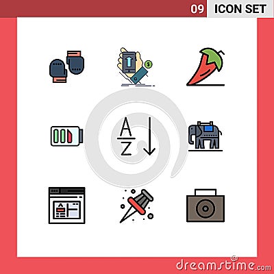 Group of 9 Filledline Flat Colors Signs and Symbols for simple, battery, currency, charge, pepper Vector Illustration