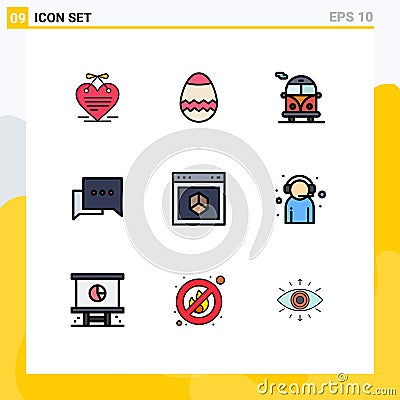 Set of 9 Vector Filledline Flat Colors on Grid for site, element, public bus, browser, comment Vector Illustration