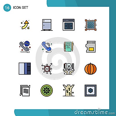 Group of 16 Flat Color Filled Lines Signs and Symbols for call, call deflection, communication, view, grid Vector Illustration