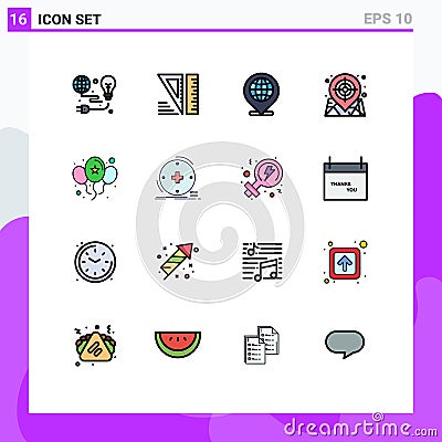 Set of 16 Vector Flat Color Filled Lines on Grid for celebrate, web, global, target, map Vector Illustration